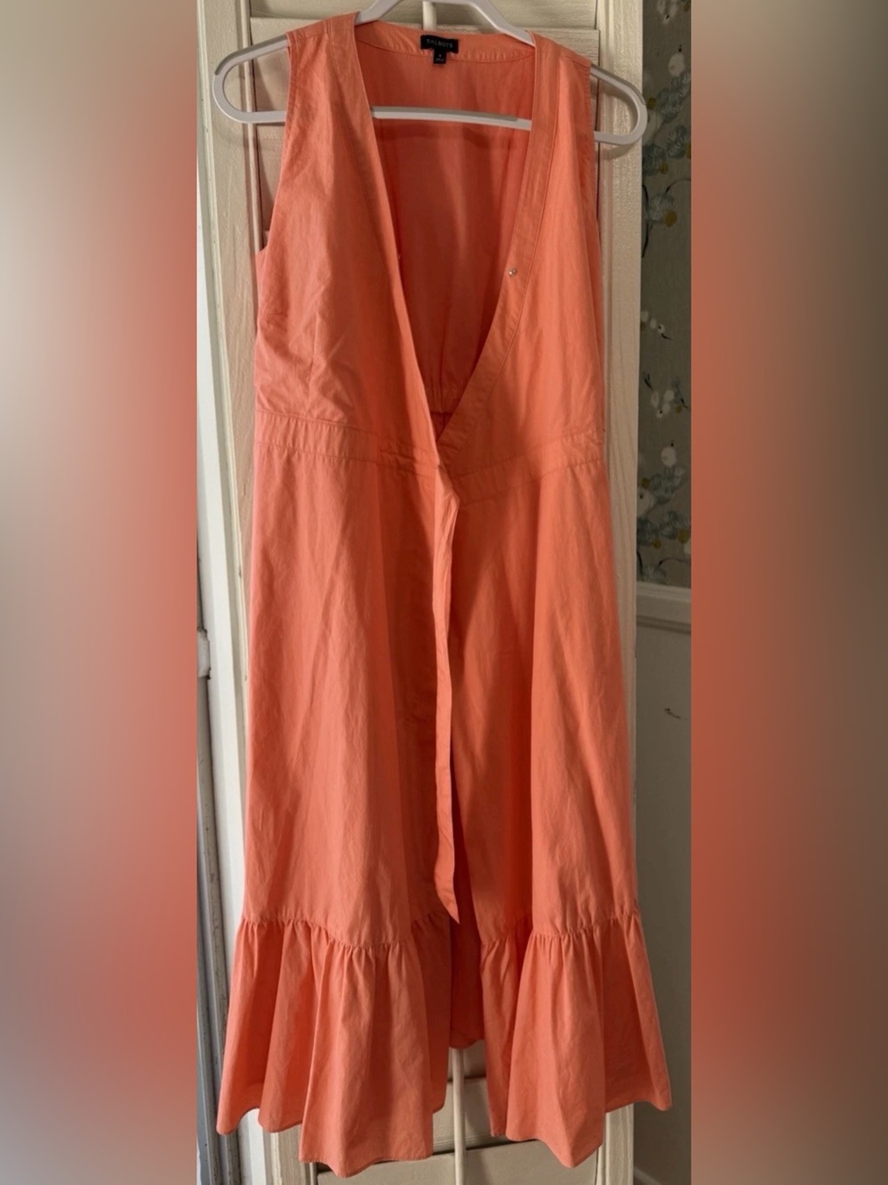 Talbots Coral Cotton Sleeveless Midi Duster Dress Ruffle Hem Size 4